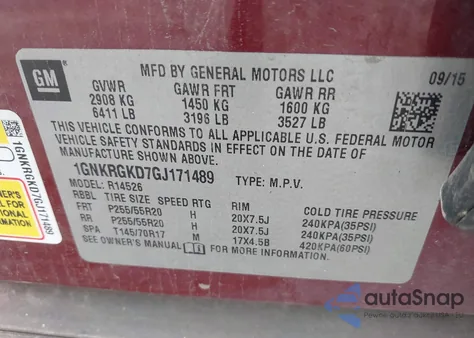 2016 Chevrolet Traverse 1Lt z USA, uszkodzony, nr VIN 1GNKRGKD7GJ171489